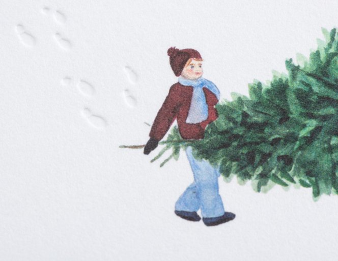Illustration of a person carrying a Christmas tree on a snowy background