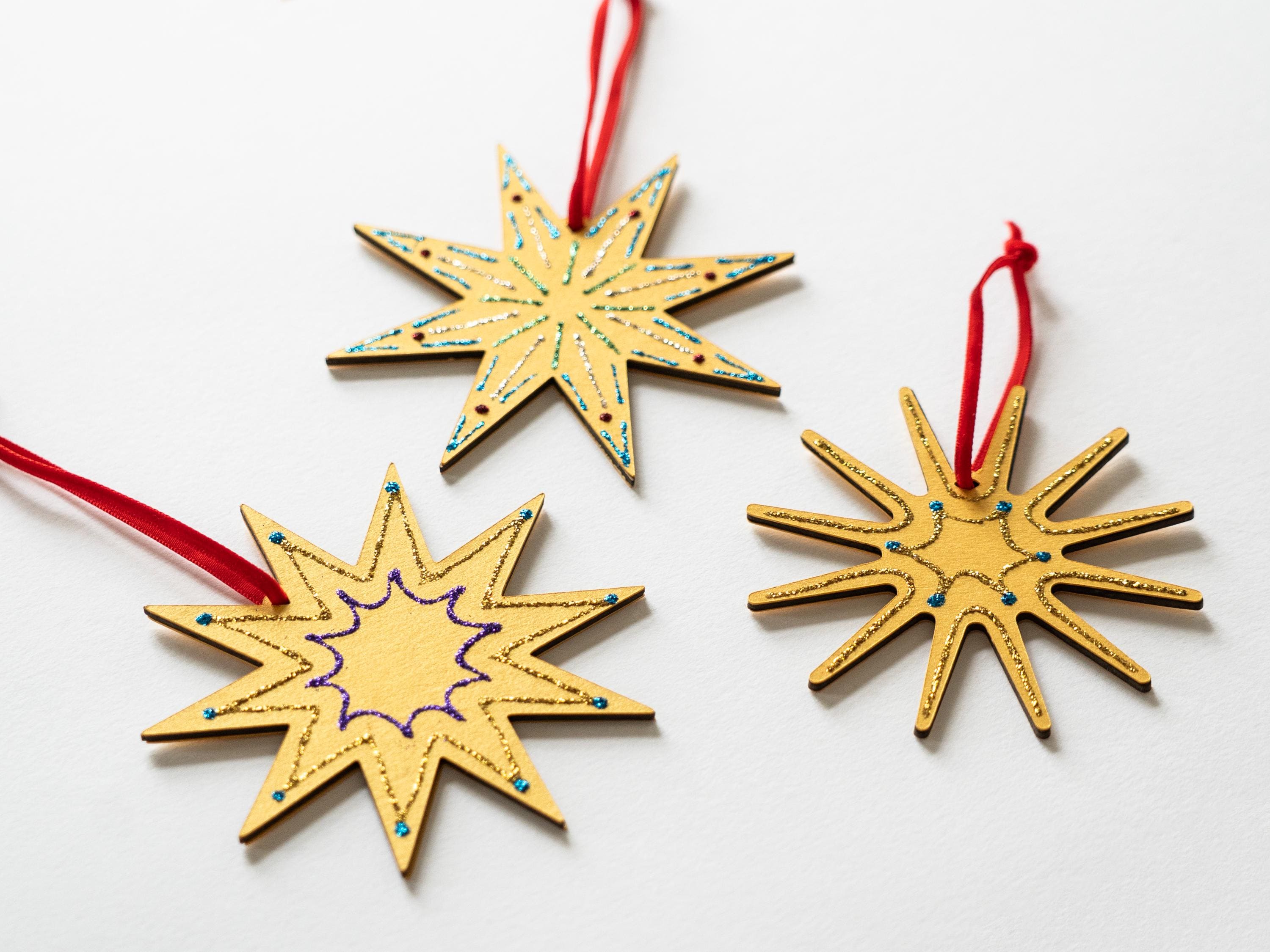Gold Stars Ornaments: Set of Three, Handcrafted, Shimmering Christmas Decor