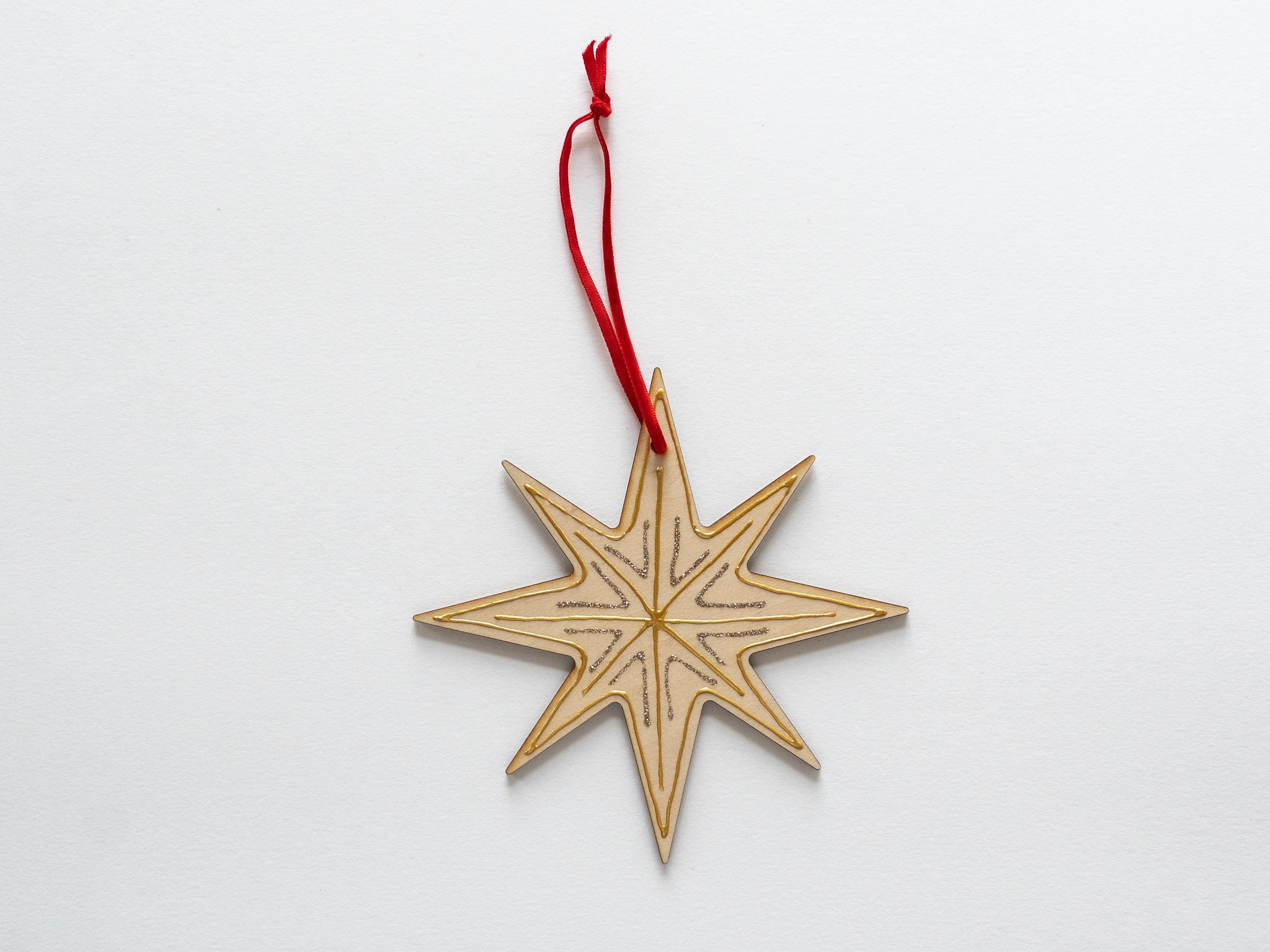 Large Nordic Star Ornament, Hand decorated, Minimal Christmas Decor, 5.5in