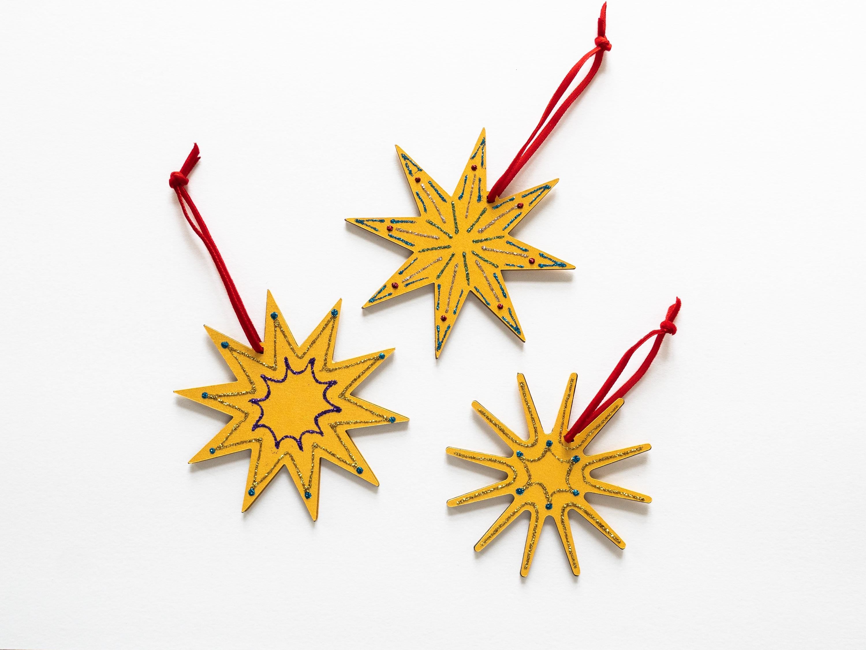 Gold Stars Ornaments: Set of Three, Handcrafted, Shimmering Christmas Decor