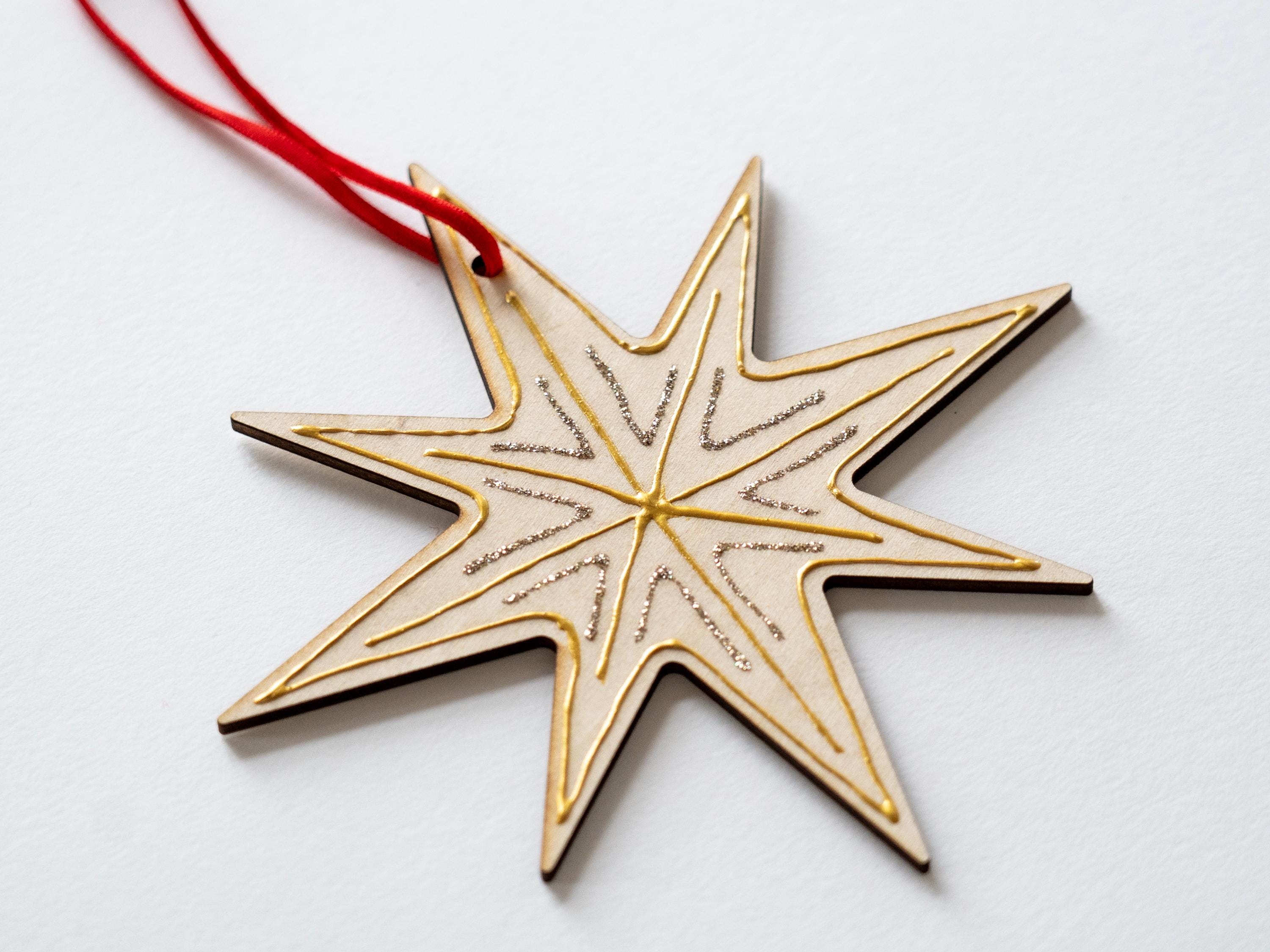 Large Nordic Star Ornament, Hand decorated, Minimal Christmas Decor, 5.5in