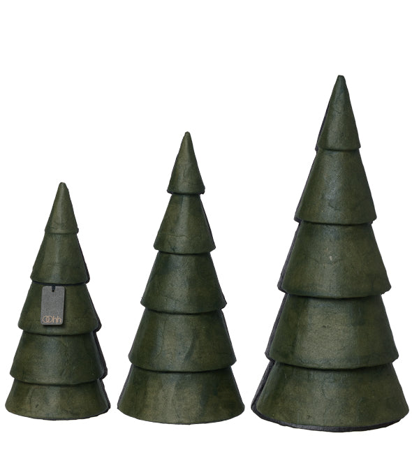 Set of three green pulp Christmas tree decorations on a white background