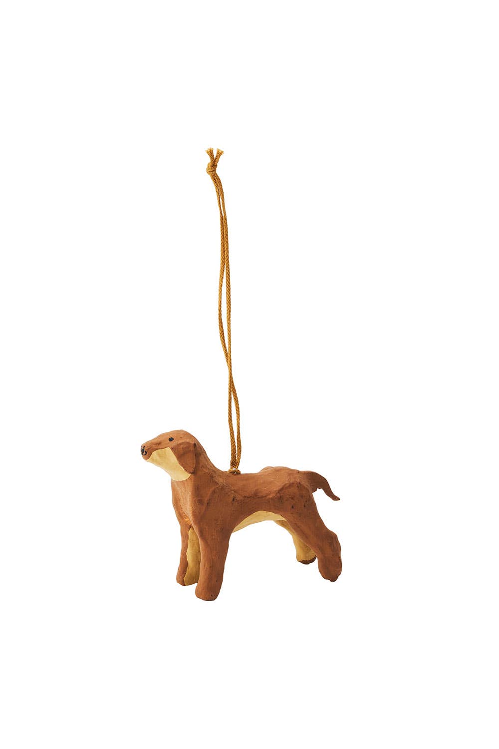 Brown dog-shaped ornament hanging on a white background
