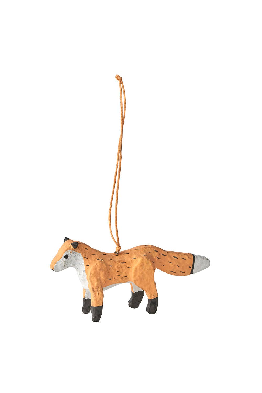 Fox-shaped ornament hanging on a white background