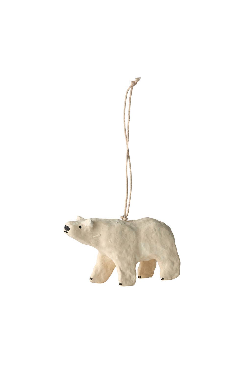 Polar bear ornament hanging on a white background