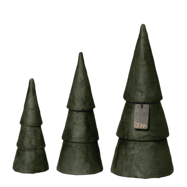 Set of three green cone-shaped decorative christmas trees on a white background