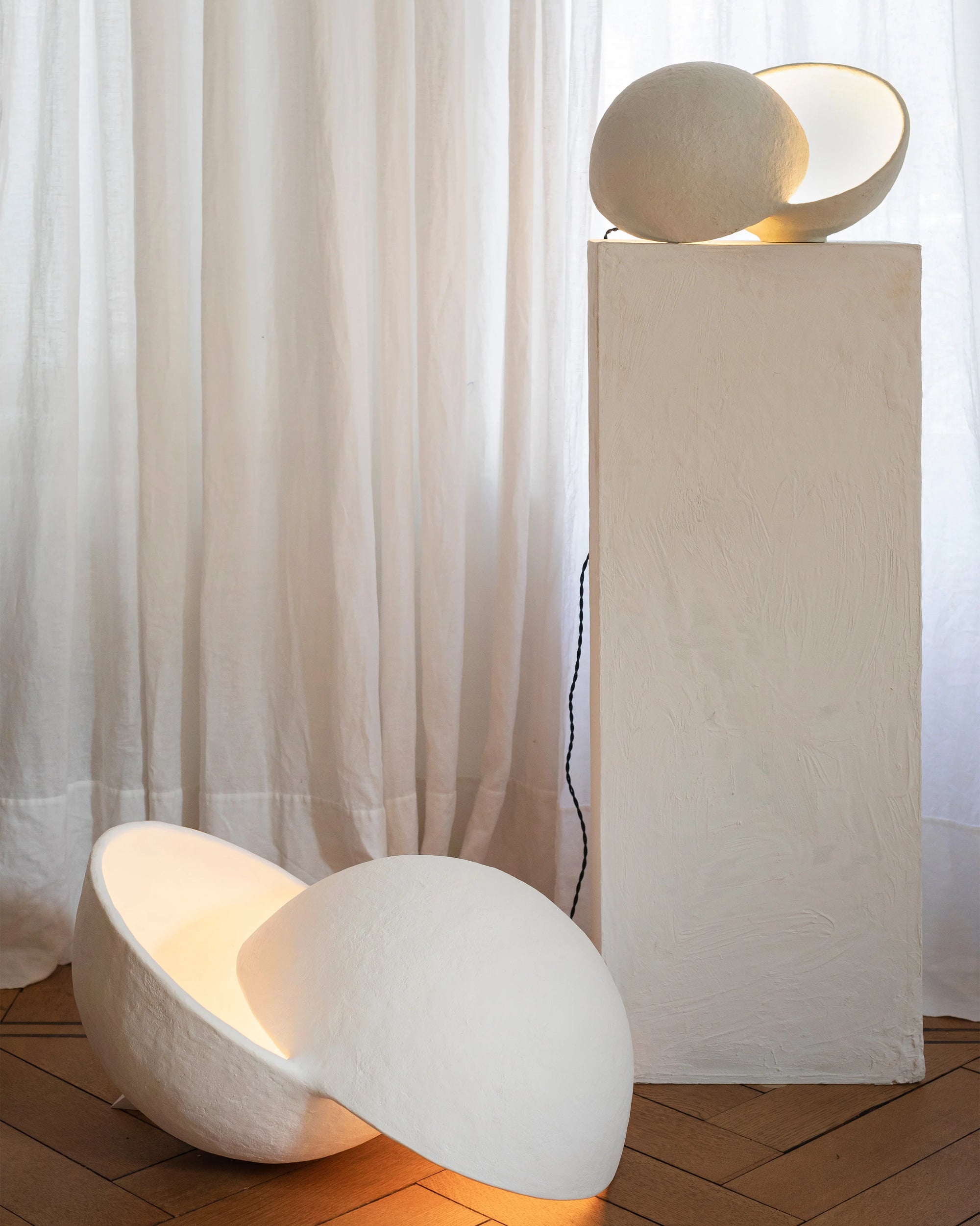 Table Lamp White Paper Mache, Split Sphere Sculptural Lamp