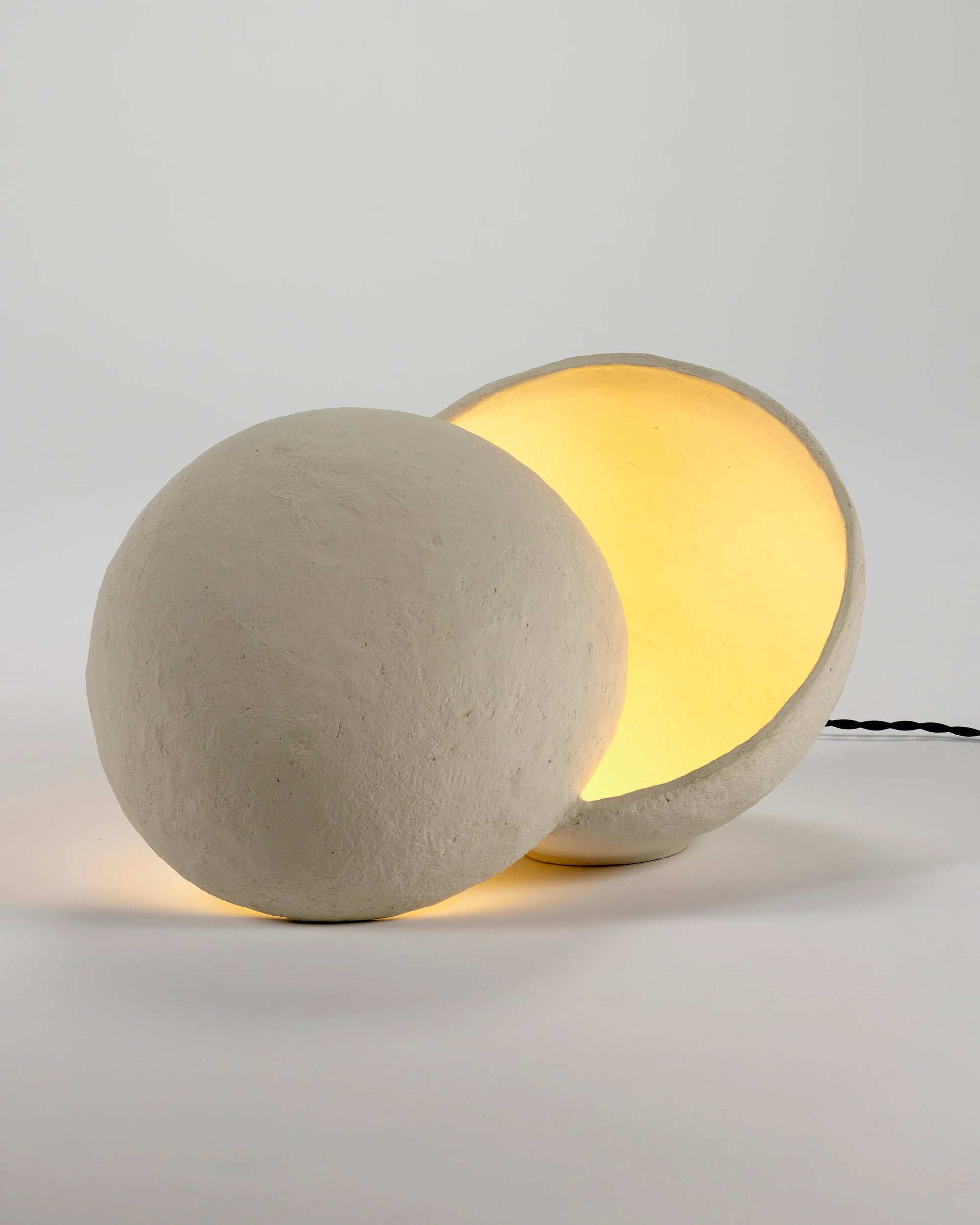 Table Lamp White Paper Mache, Split Sphere Sculptural Lamp