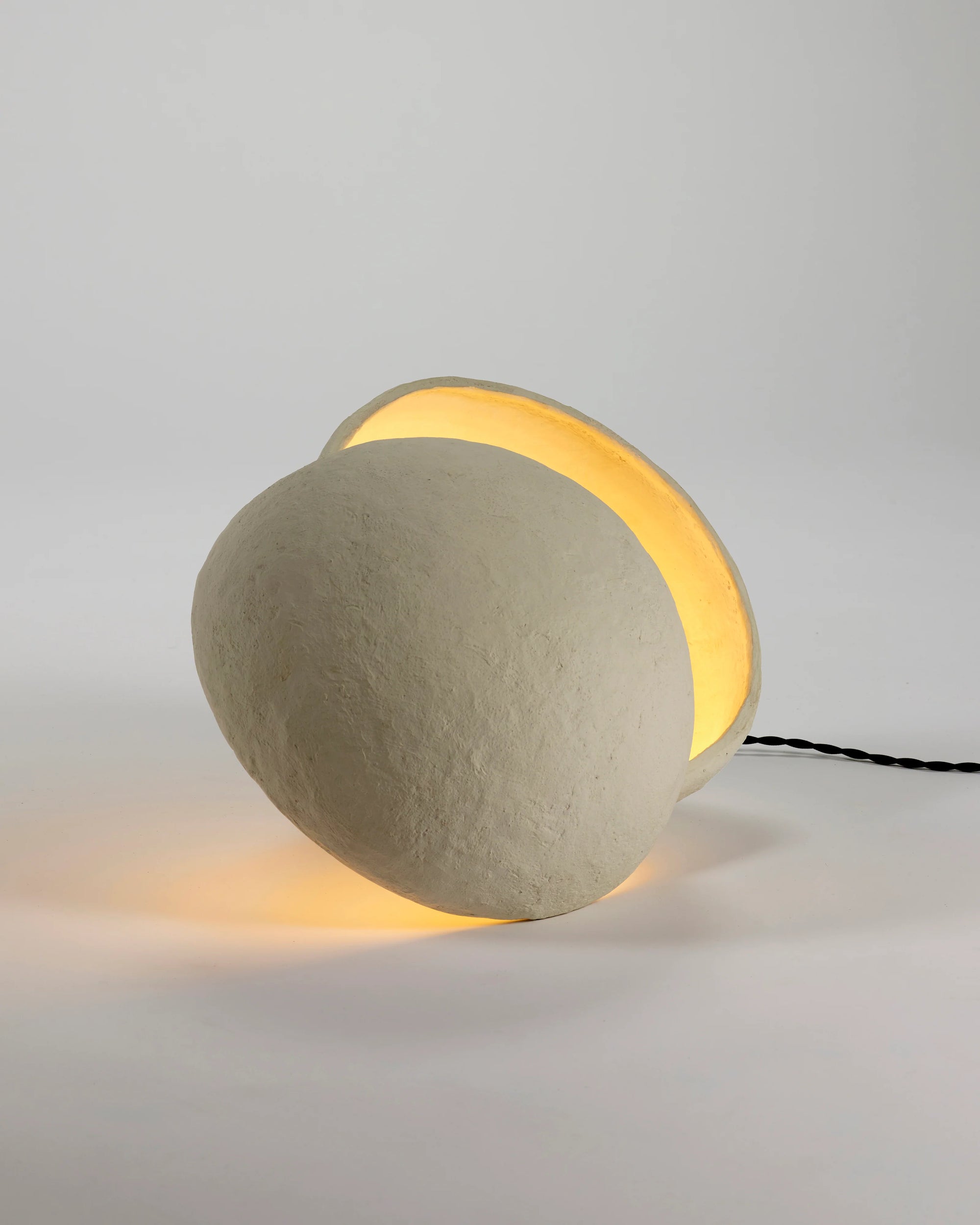 Table Lamp White Paper Mache, Split Sphere Sculptural Lamp