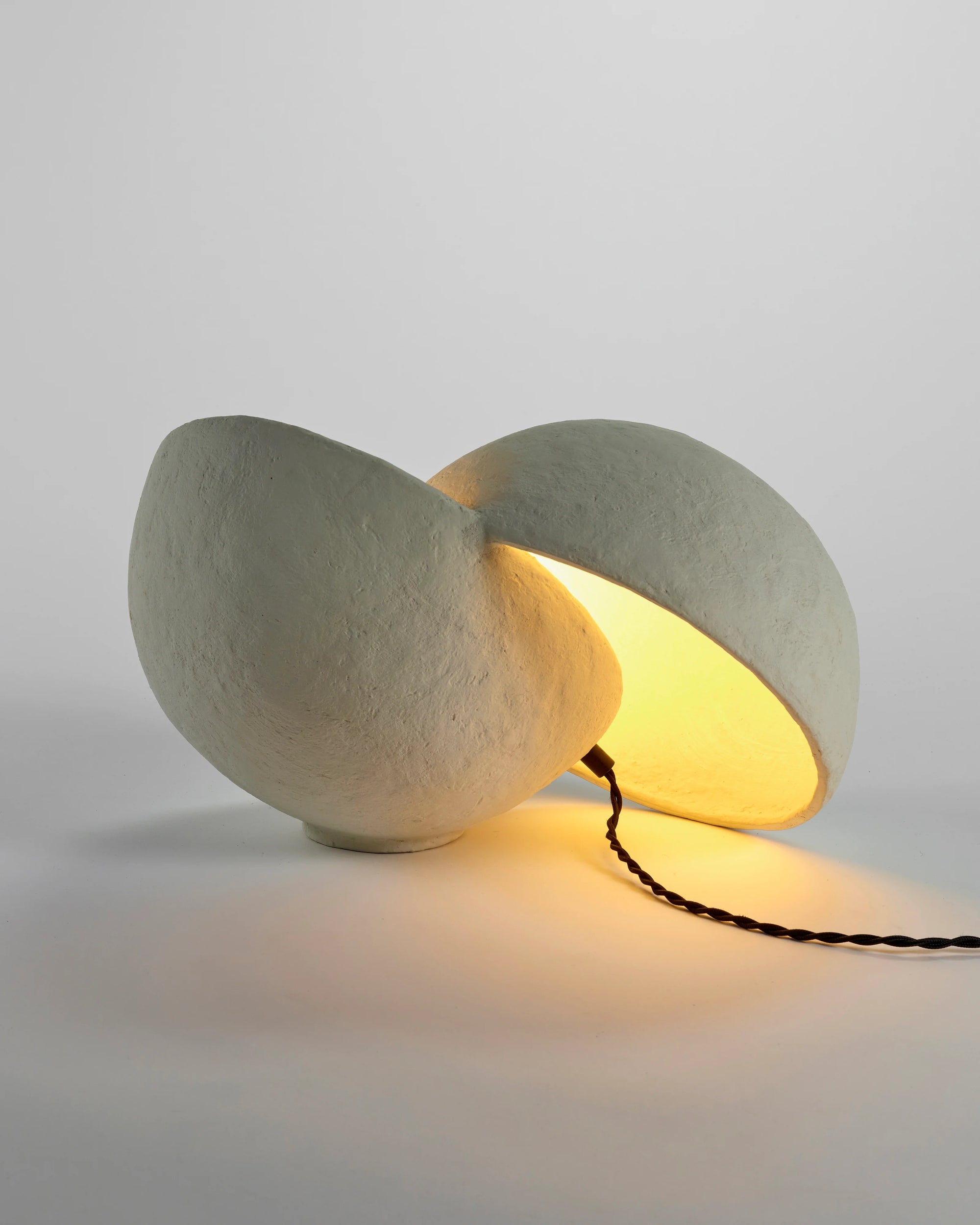Table Lamp White Paper Mache, Split Sphere Sculptural Lamp