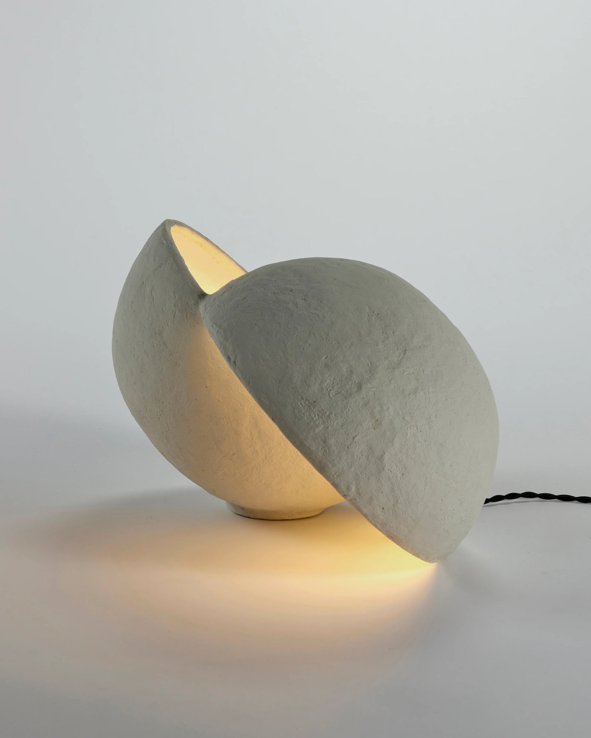 Table Lamp White Paper Mache, Split Sphere Sculptural Lamp