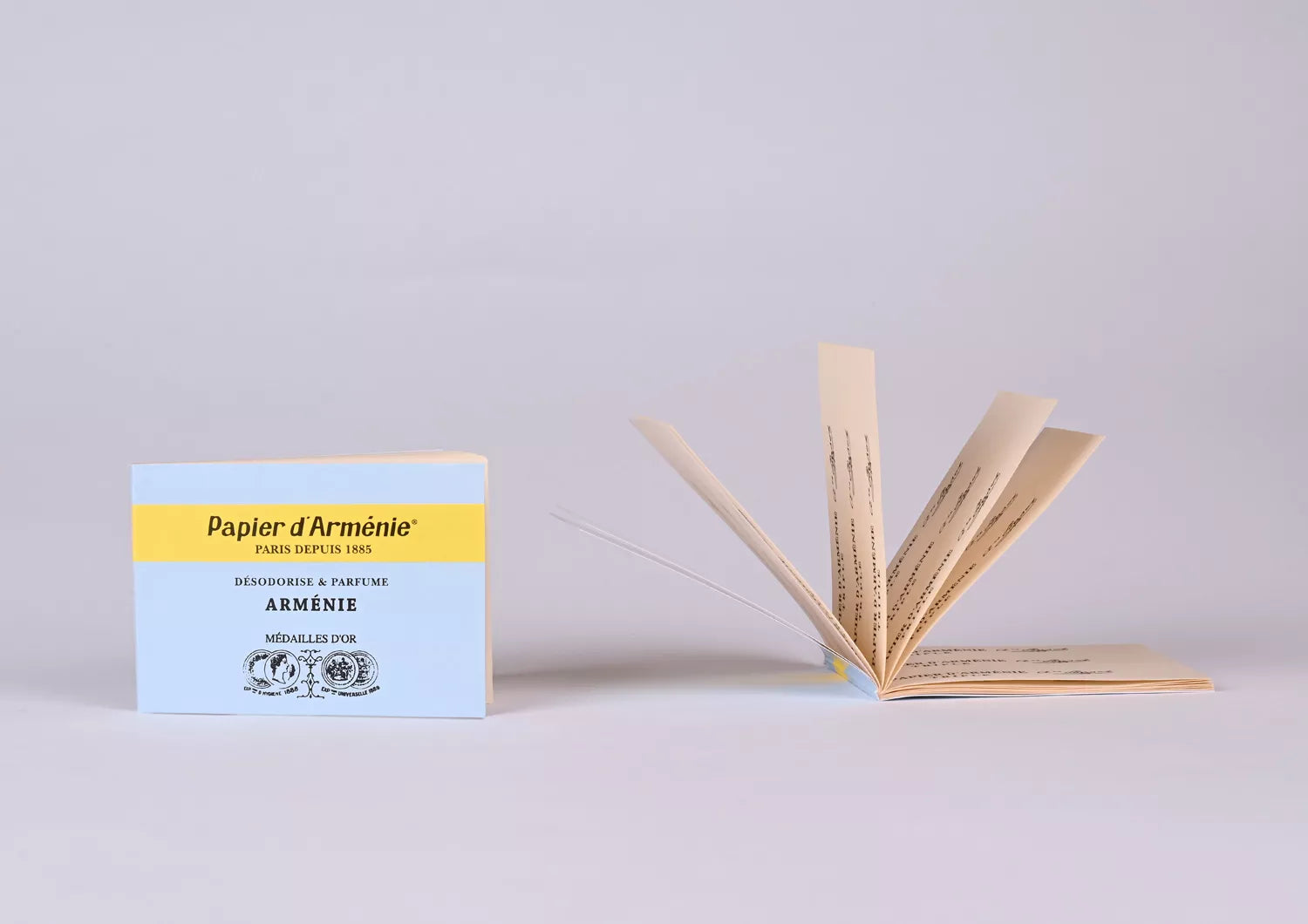 Papier d'Arménie Armenie booklet with a small open book on a light gray background
