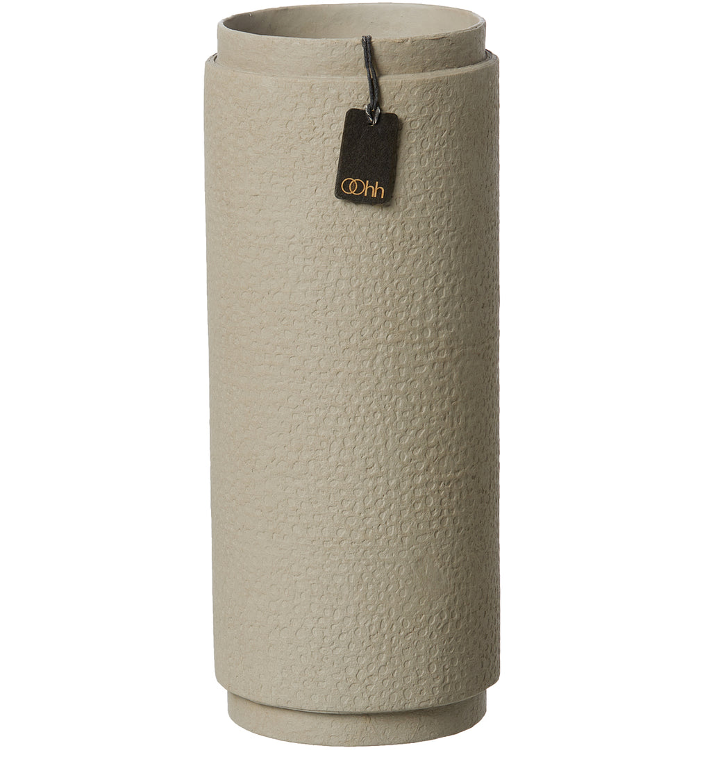 Beige cylindrical product with a tag on a white background