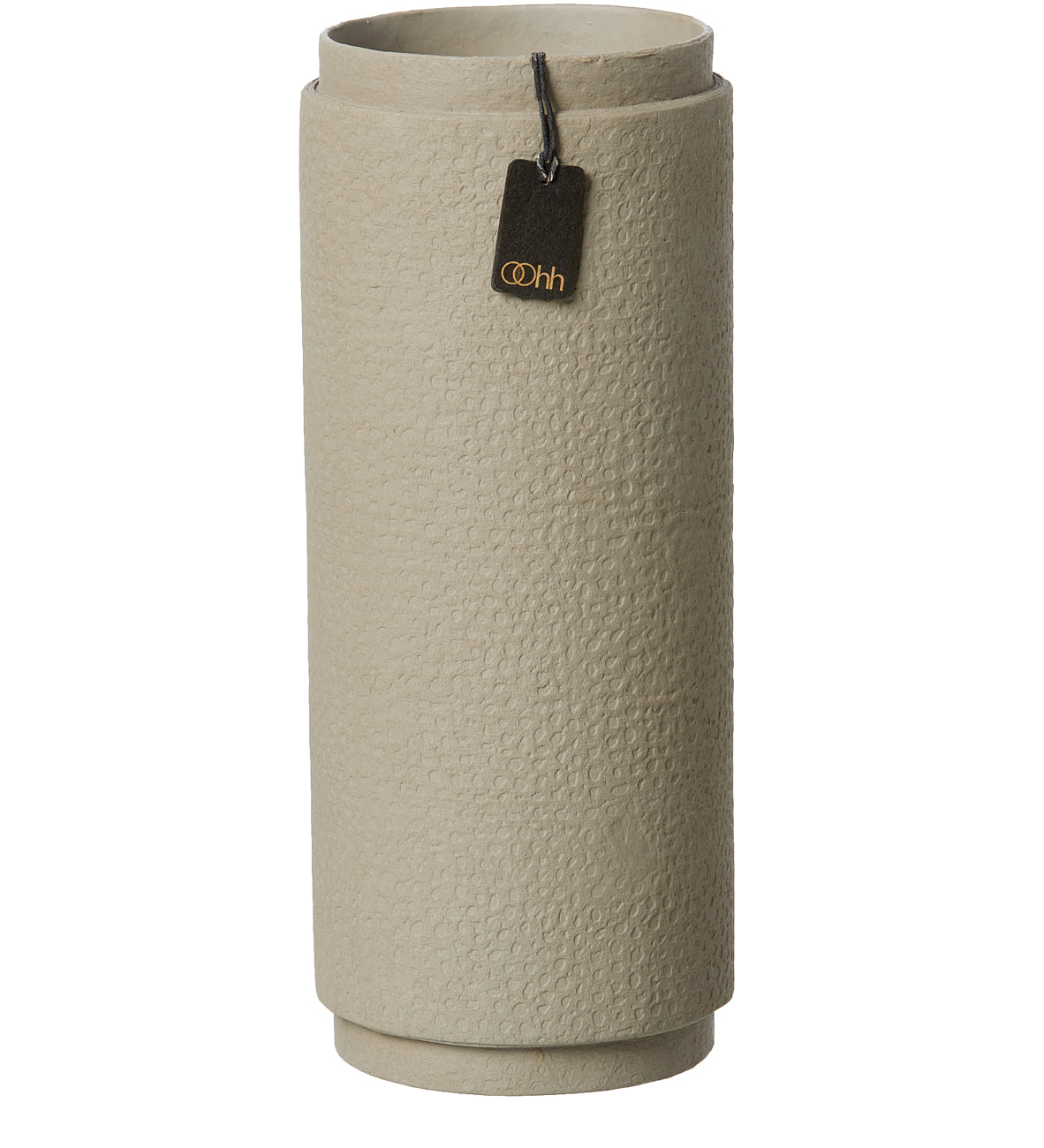 Beige cylindrical product with a tag on a white background