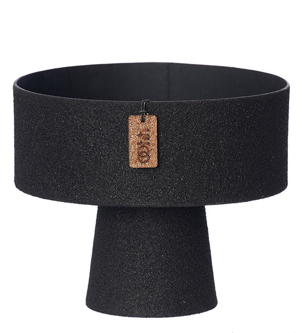 ash black pedestal bowl with a wooden tag on a white background