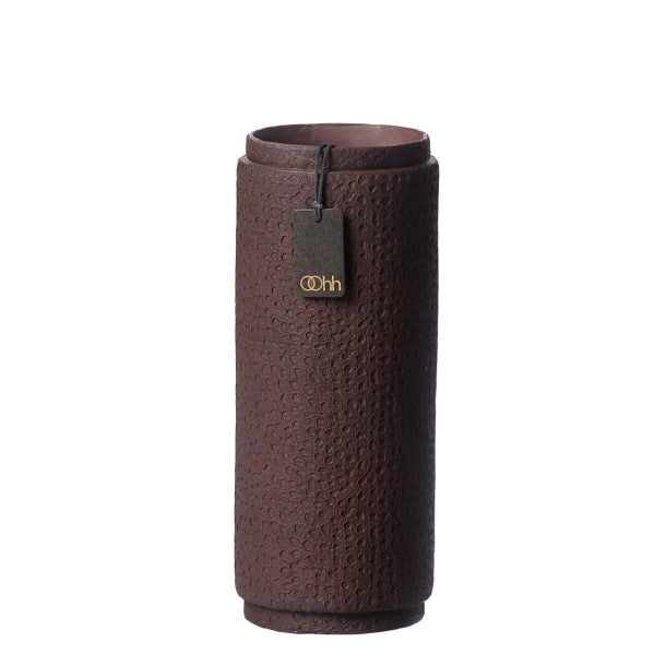 bordeaux textured cylindrical product with a tag on a white background
