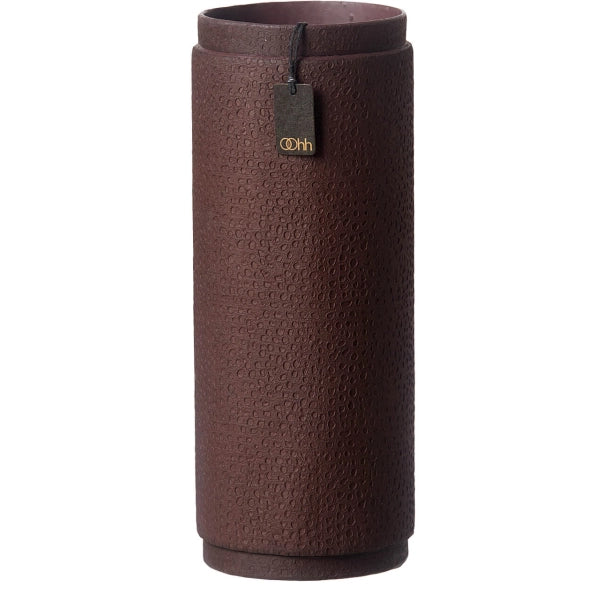 bordeaux textured cylindrical product with a tag on a white background