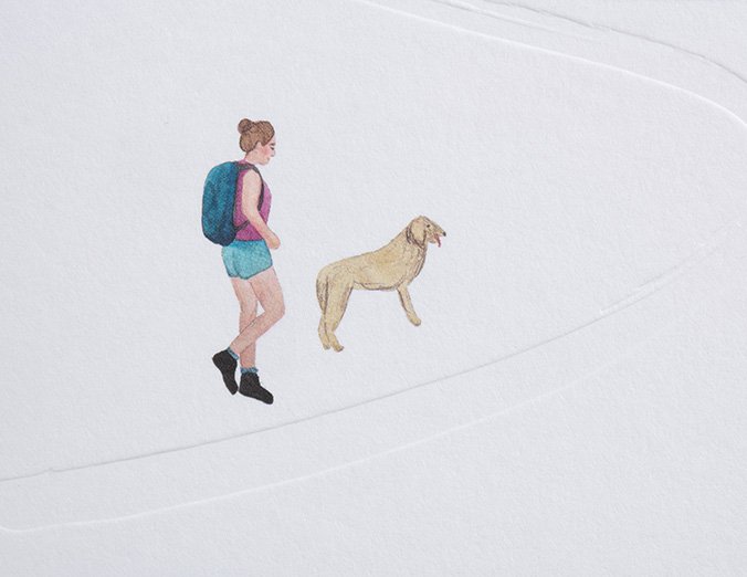 Illustration of a person with a backpack and a dog on a white background