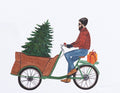 Illustration of a person riding a bike with a cart full of a Christmas tree and a gift box on a white background.