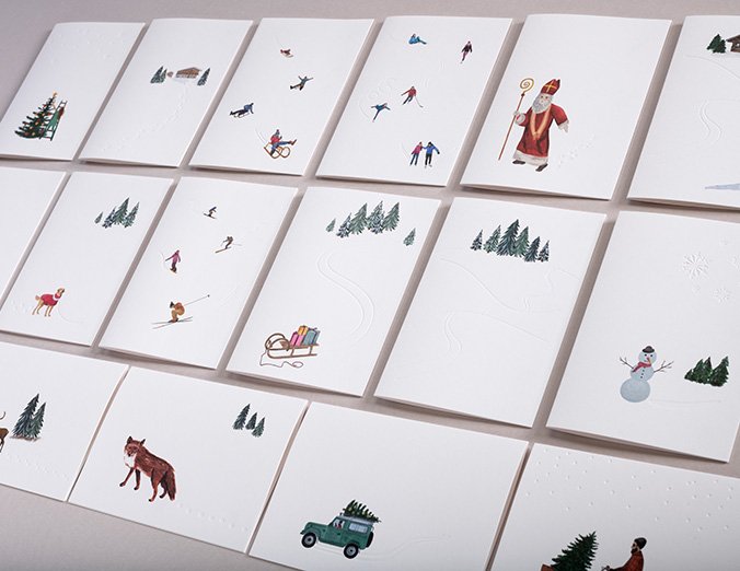 Set of Christmas-themed cards with illustrations on a grid layout.