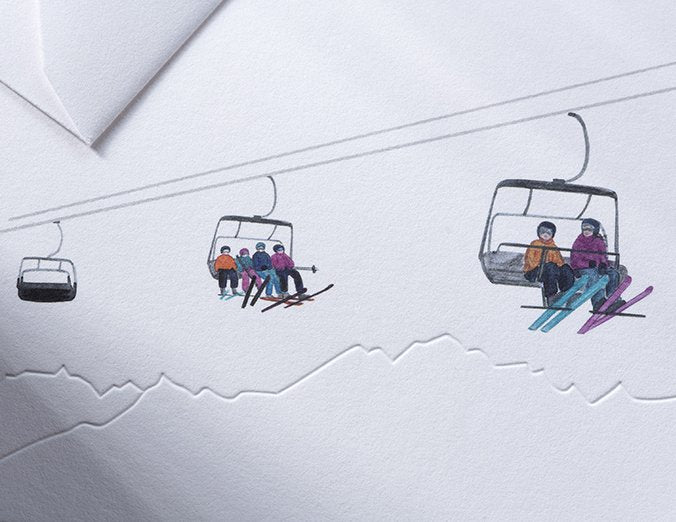 Illustration of people on a ski lift with skis against a white background