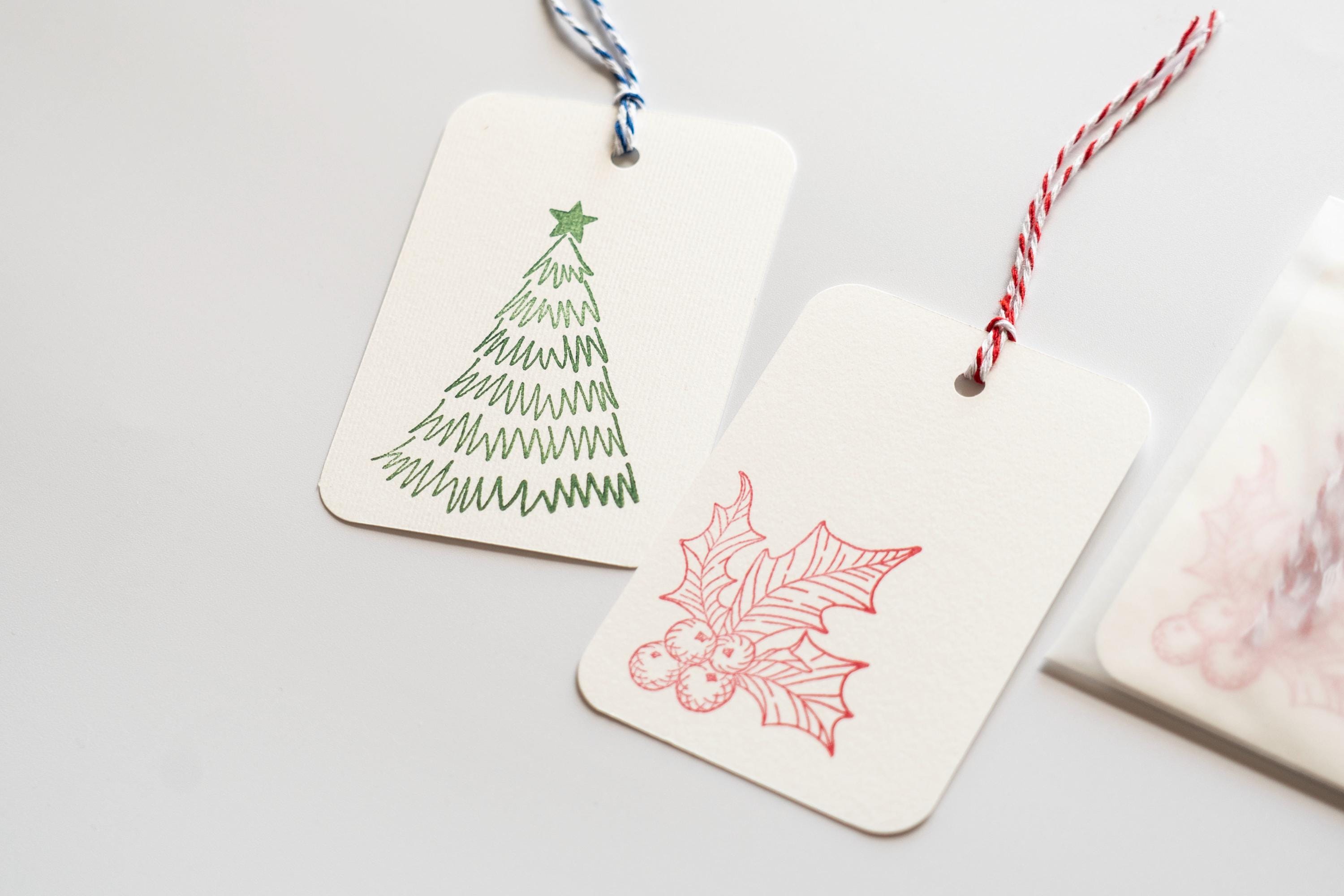 Hand Stamped Christmas Gift Tags: Pack of Six, Tree and Berry Design