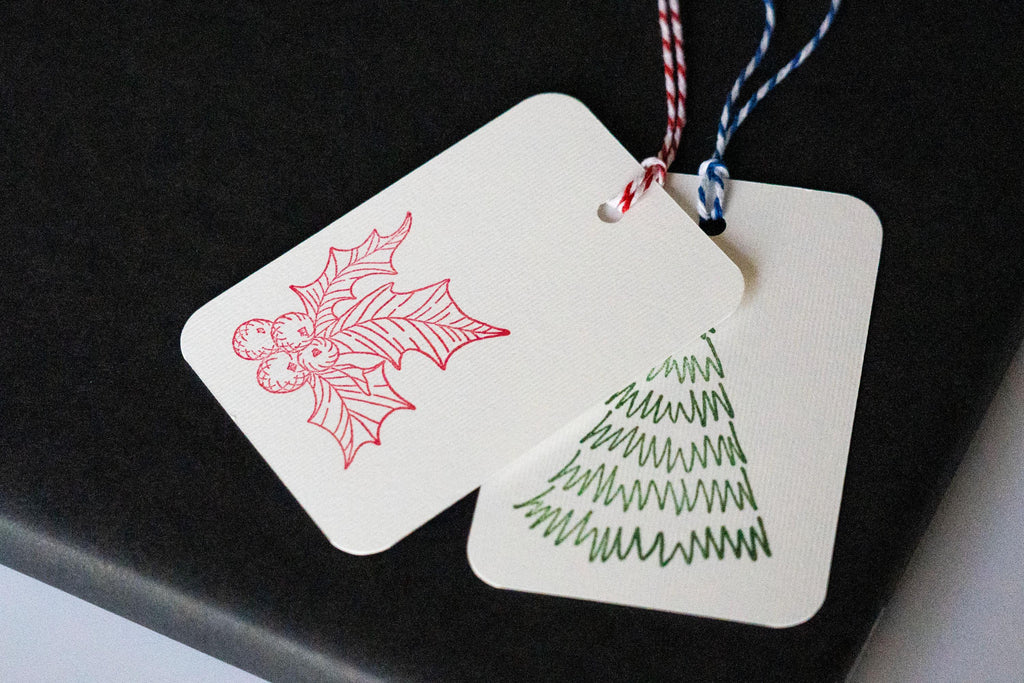 Hand Stamped Christmas Gift Tags: Pack of Six, Tree and Berry Design