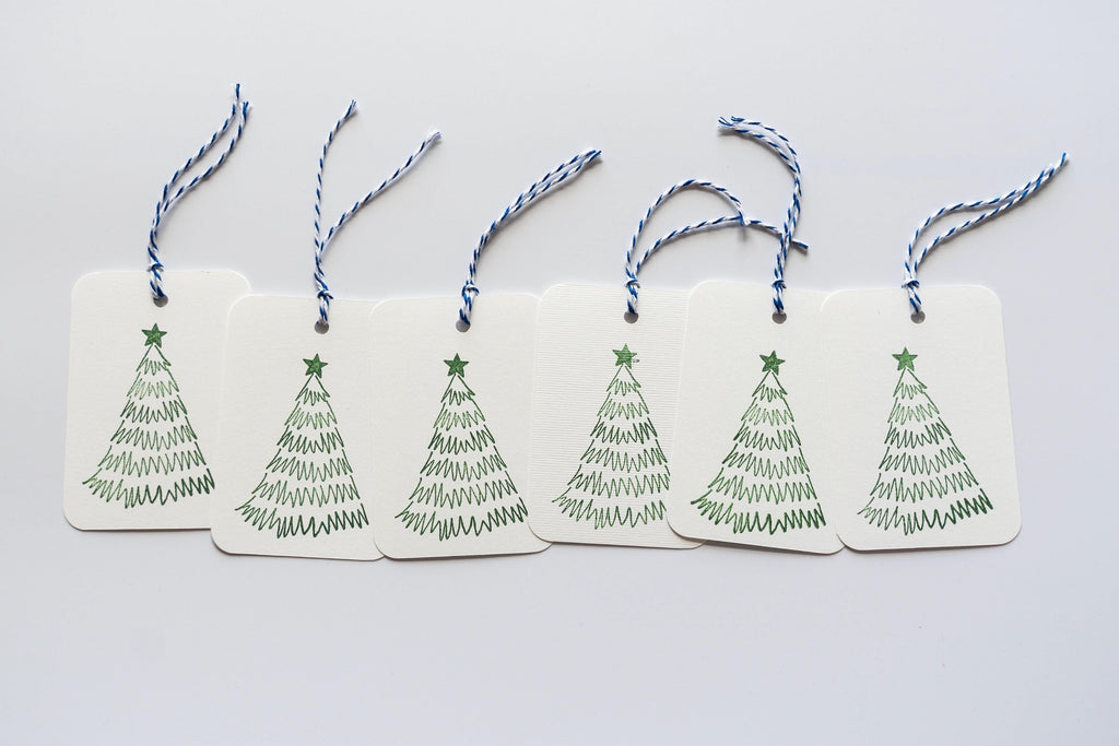 Hand Stamped Tree Patterned Gift Tags: Pack of Six, Christmas
