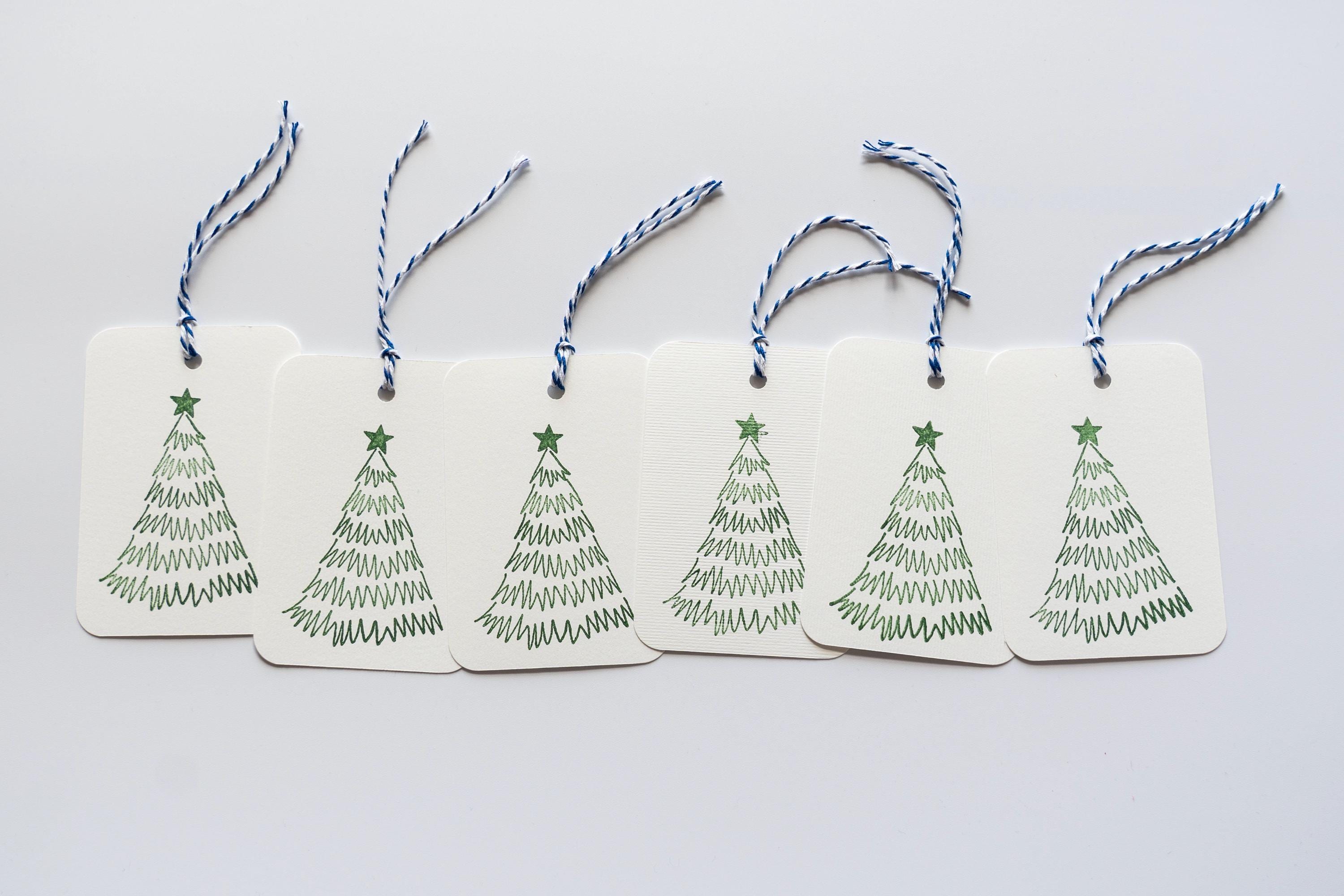 Hand Stamped Tree Patterned Gift Tags: Pack of Six, Christmas