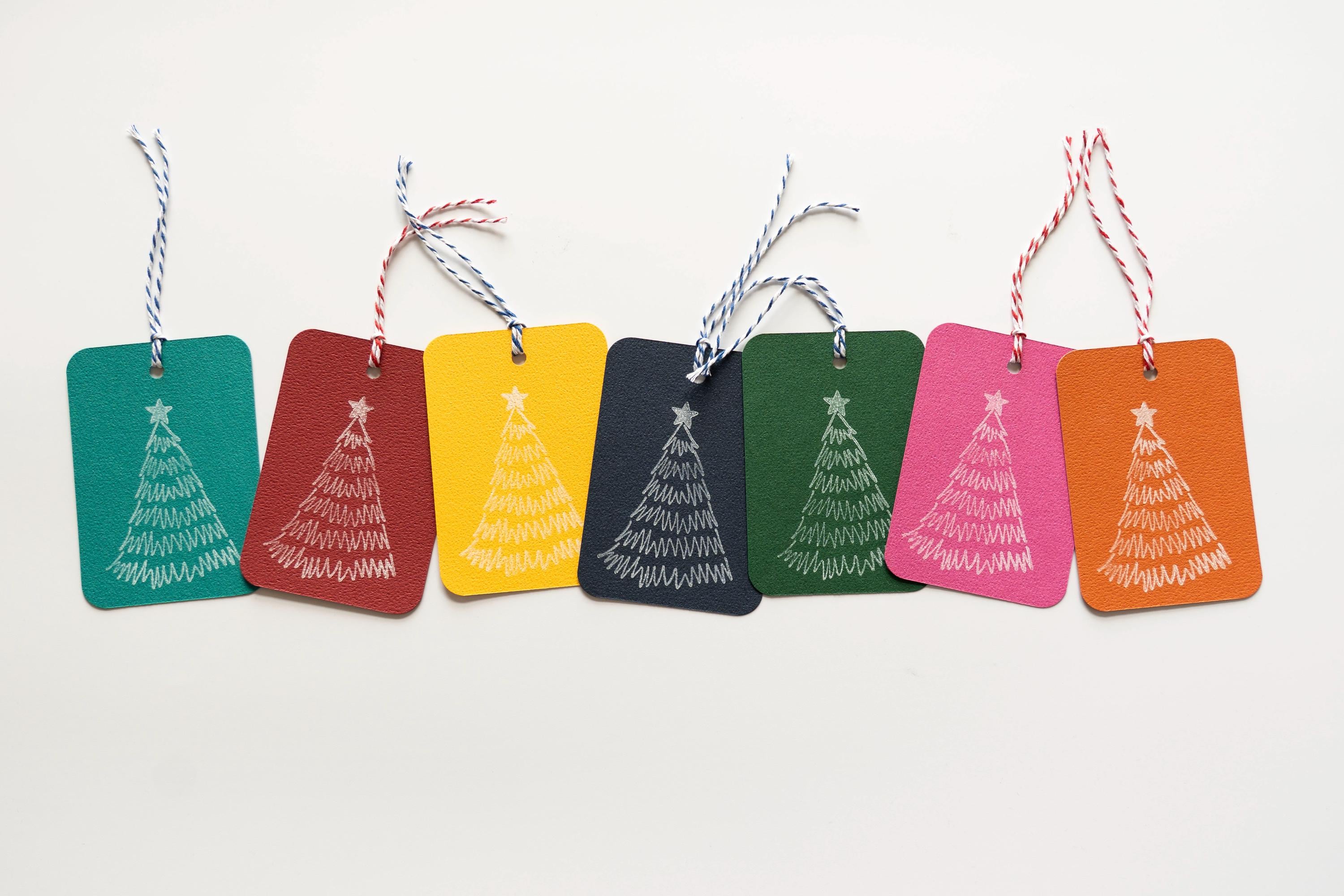 Colourful Tree Pattern Hand Stamped Gift Tags: Pack of Seven