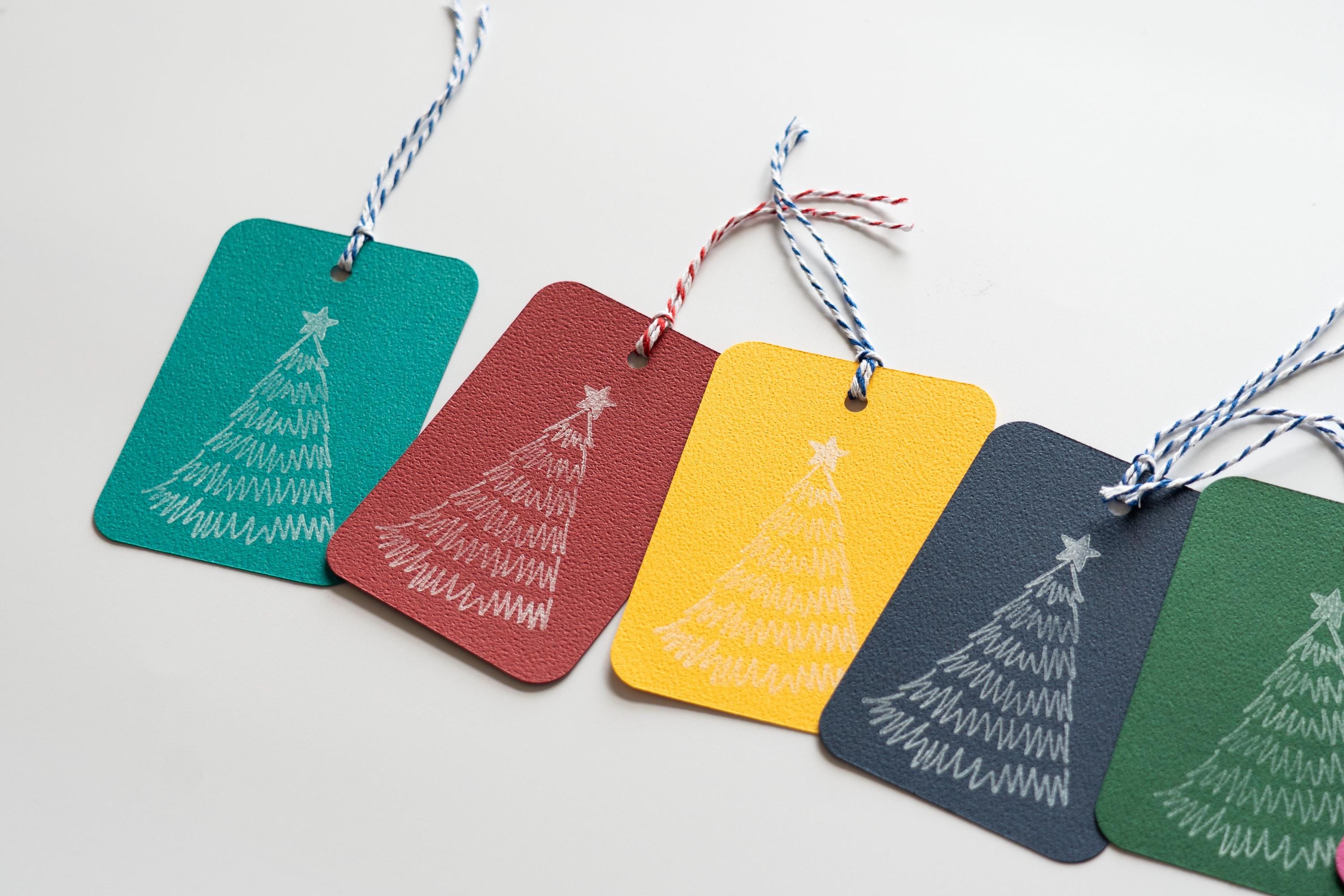 Colourful Tree Pattern Hand Stamped Gift Tags: Pack of Seven