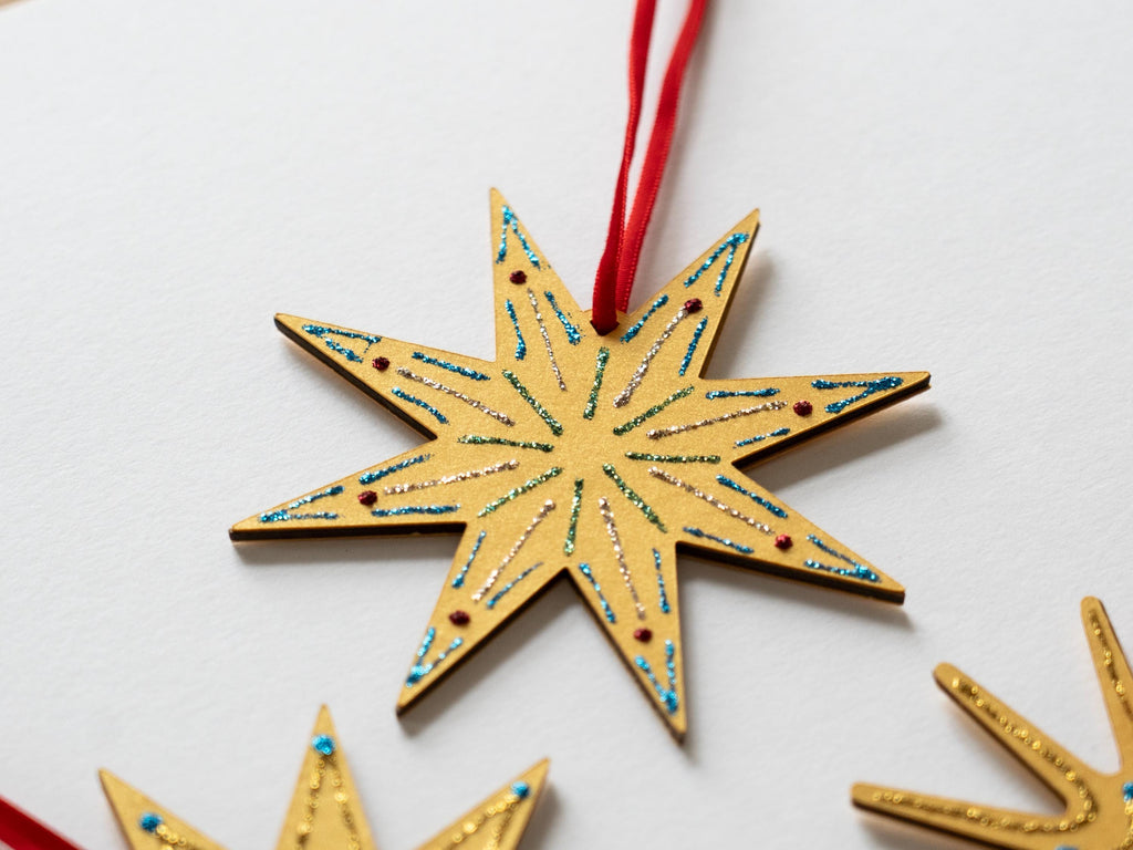 Gold Stars Ornaments: Set of Three, Handcrafted, Shimmering Christmas Decor
