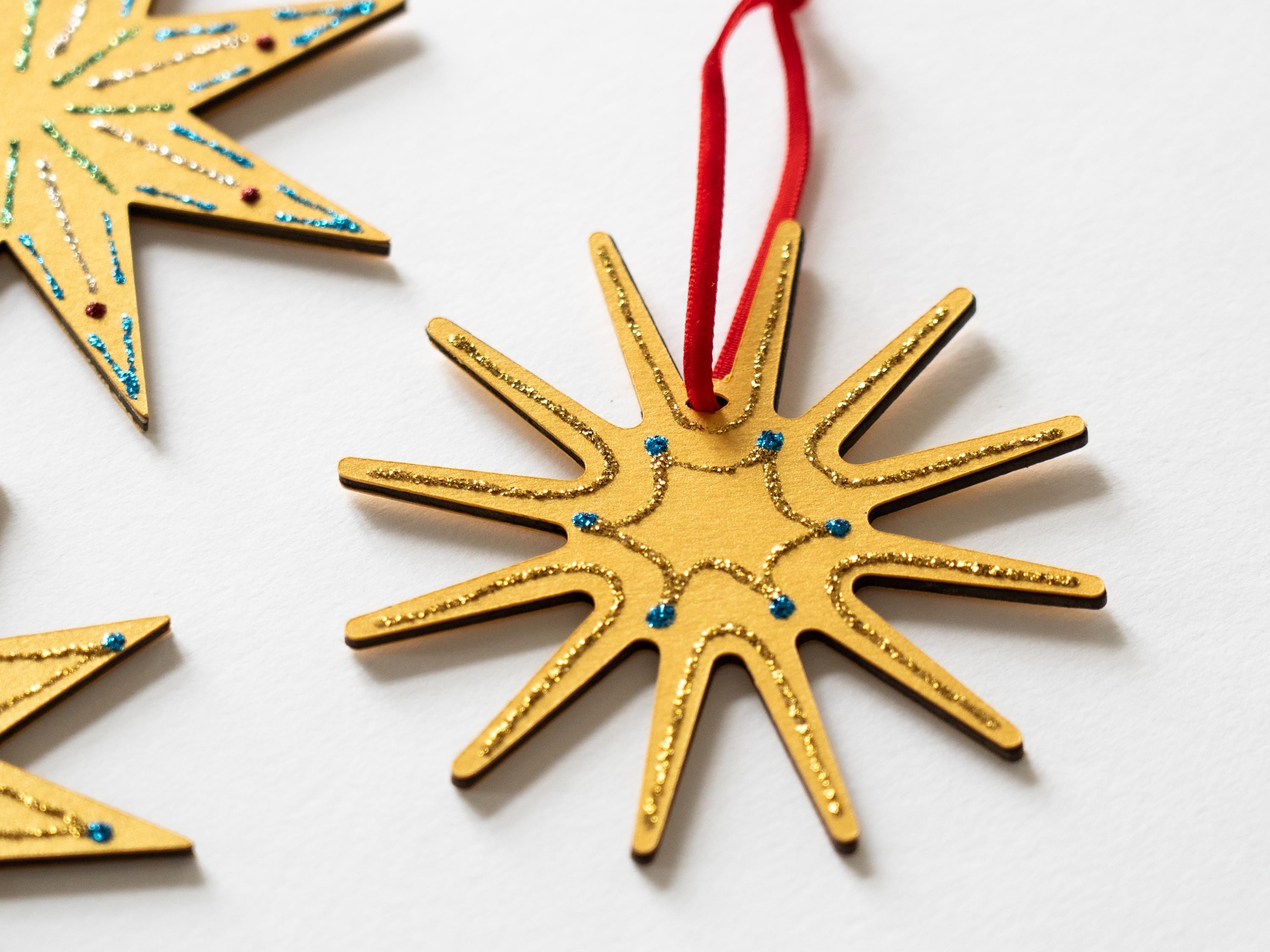 Gold Stars Ornaments: Set of Three, Handcrafted, Shimmering Christmas Decor