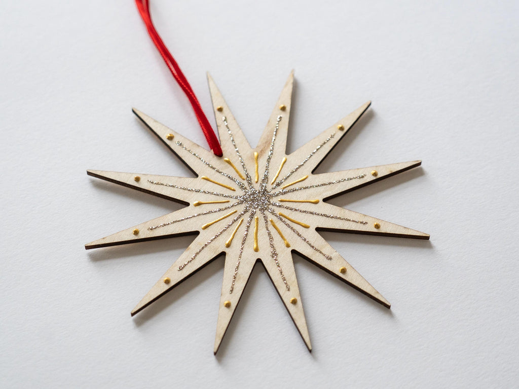 Large Star Ornament, Hand decorated, Minimal Christmas Decor, 5.5in