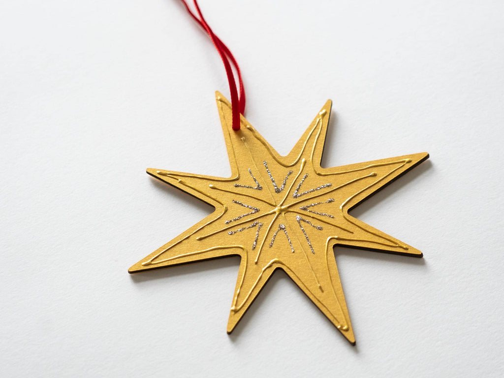 Large Nordic Star Ornament, Hand decorated, Minimal Christmas Decor, 5.5in