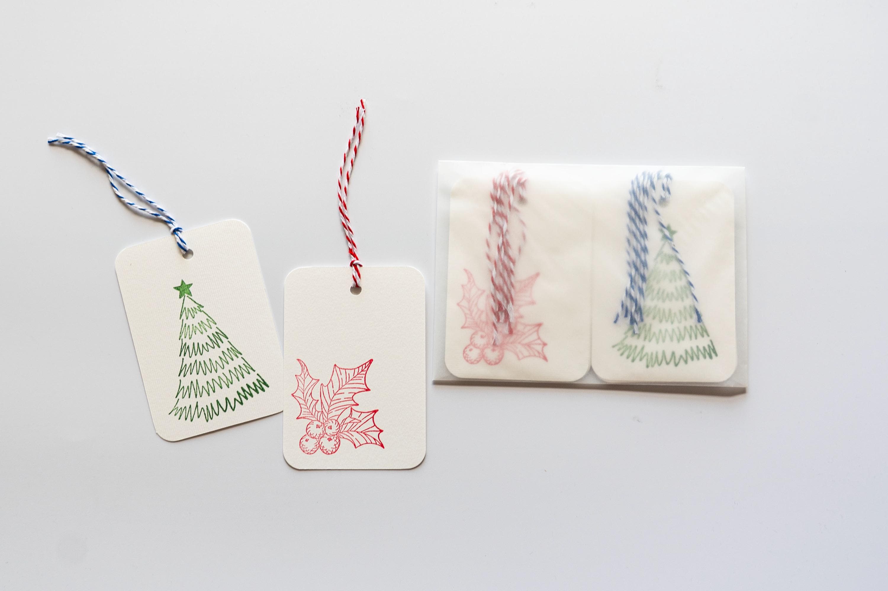 Hand Stamped Christmas Gift Tags: Pack of Six, Tree and Berry Design
