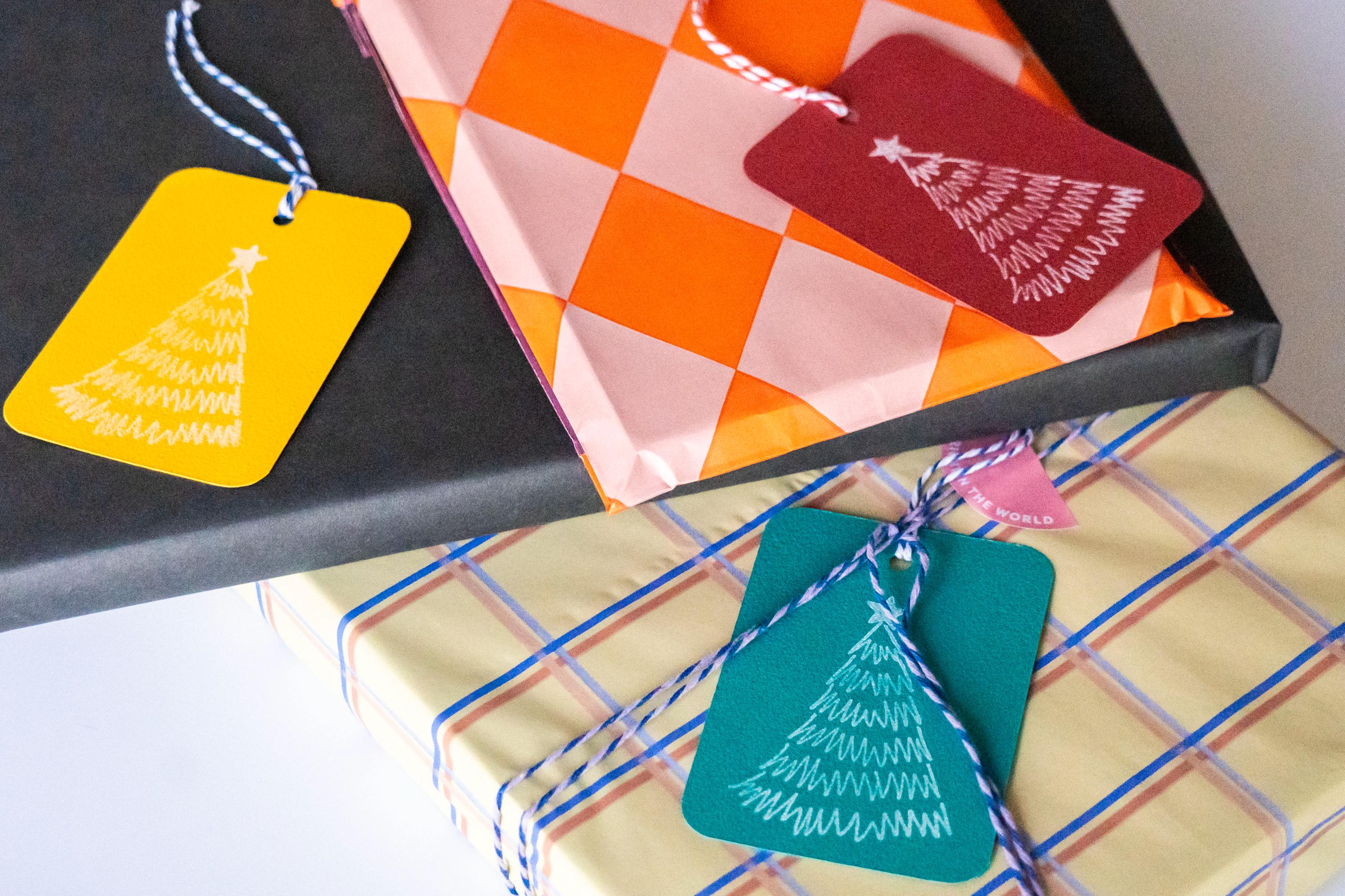 Colourful Tree Pattern Hand Stamped Gift Tags: Pack of Seven