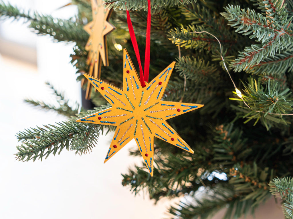 Gold Stars Ornaments: Set of Three, Handcrafted, Shimmering Christmas Decor