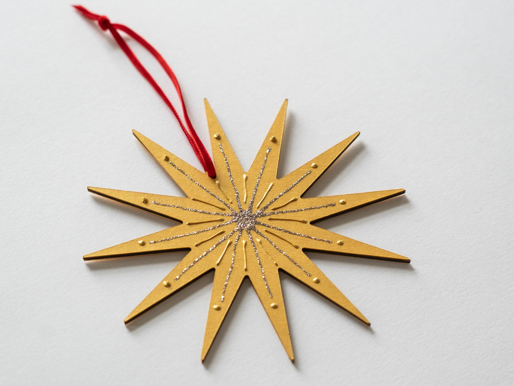 Large Gold Star Ornament, Hand decorated, Minimal Christmas Decor, 5.5in