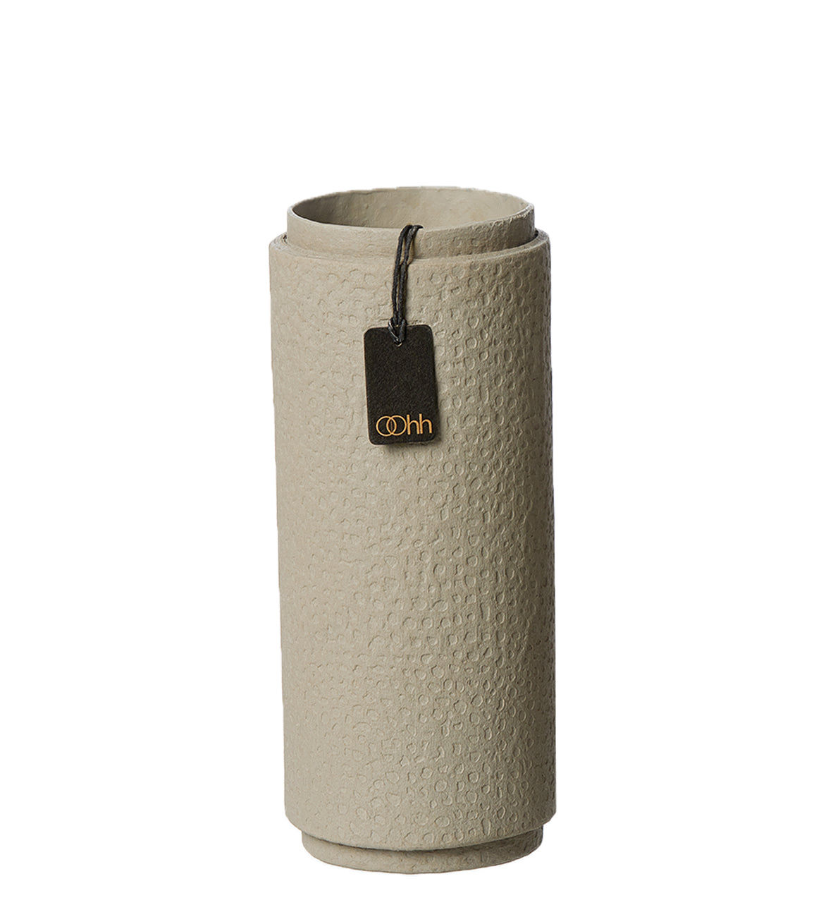 Textured beige vase with a black tag on a white background