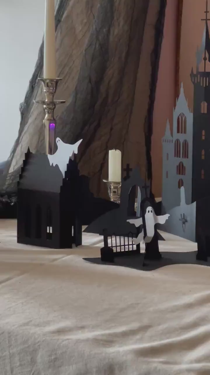 Ghosts and Cemetery Halloween Scene, Spooky Halloween Decor