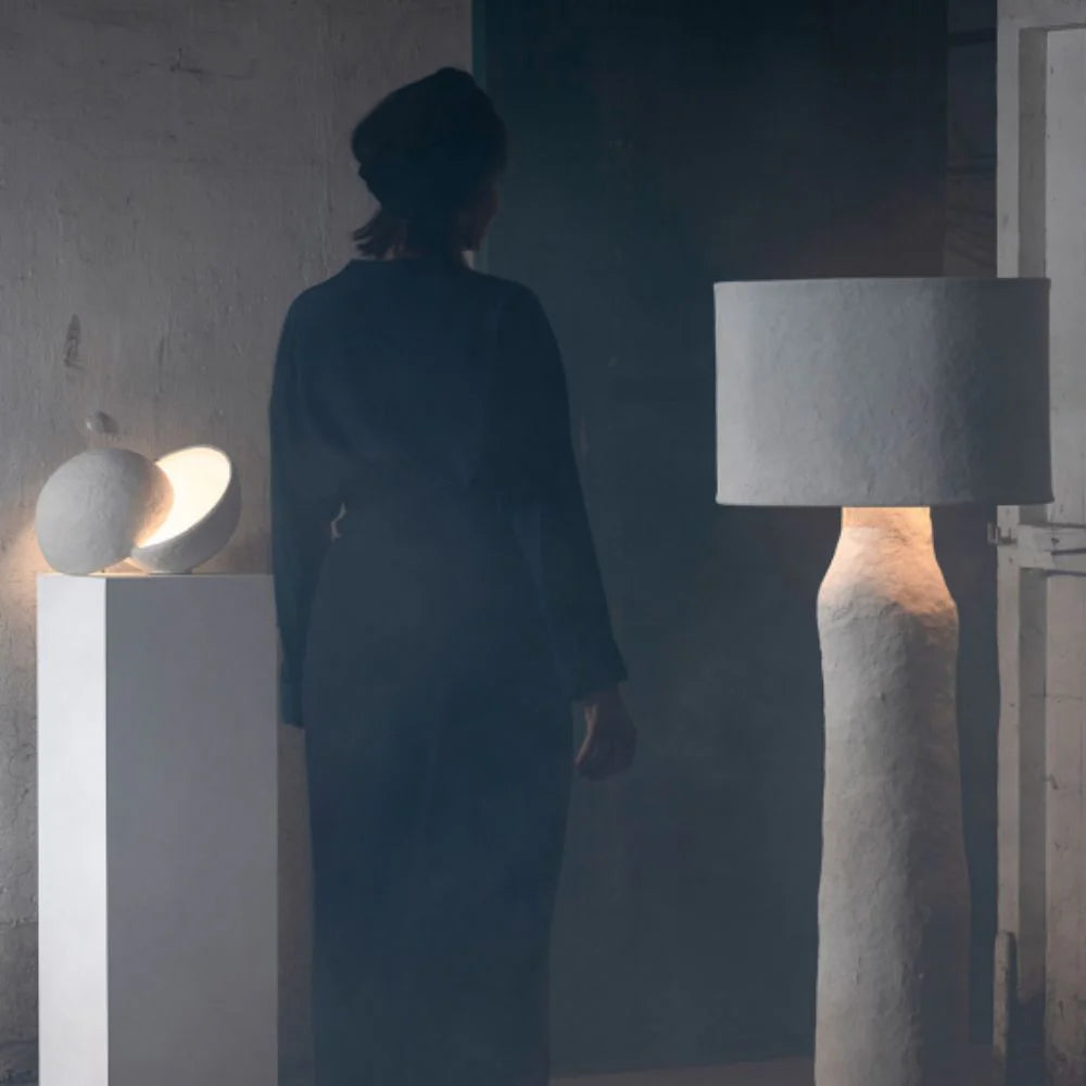 Table Lamp White Paper Mache, Split Sphere Sculptural Lamp