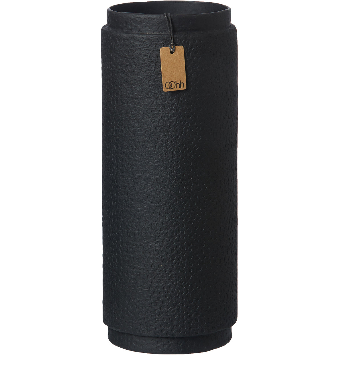 Black textured cylindrical vase with a brown tag on a white background